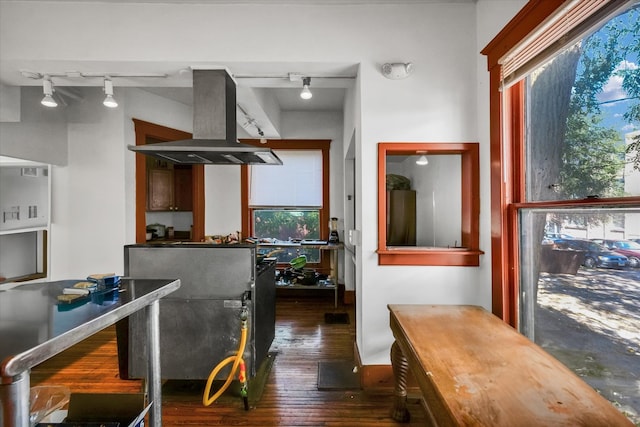 kitchen featuring track lighting, island range hood, and dark hardwood / wood-style flooring