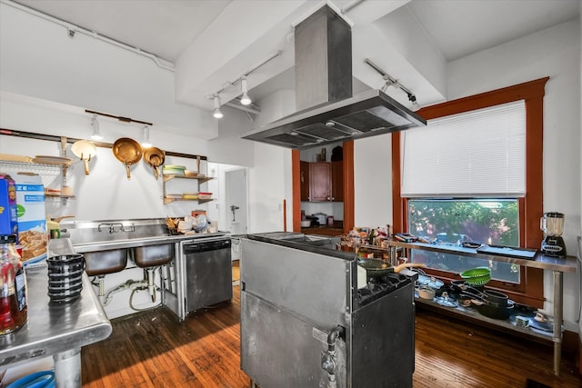 kitchen featuring island exhaust hood, dishwasher, rail lighting, and dark hardwood / wood-style flooring