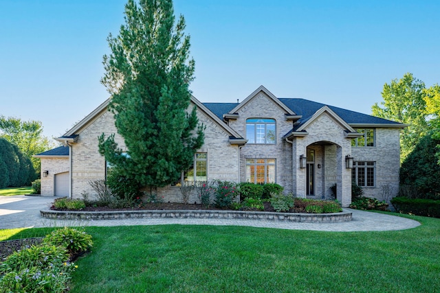 french country home featuring a garage and a front lawn