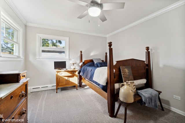 bedroom with ornamental molding, ceiling fan, baseboard heating, and light carpet