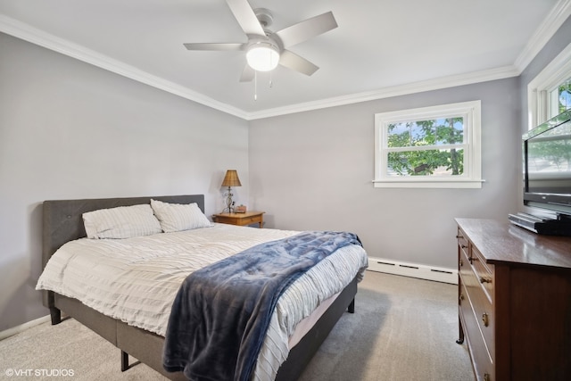 carpeted bedroom with multiple windows, ornamental molding, ceiling fan, and a baseboard radiator