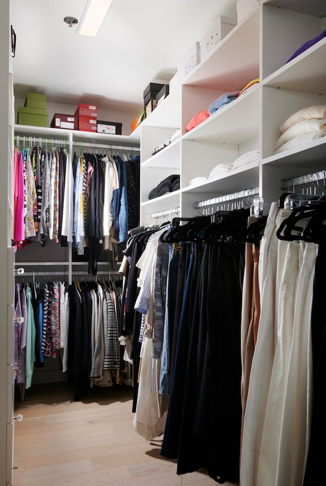 walk in closet with light wood-type flooring