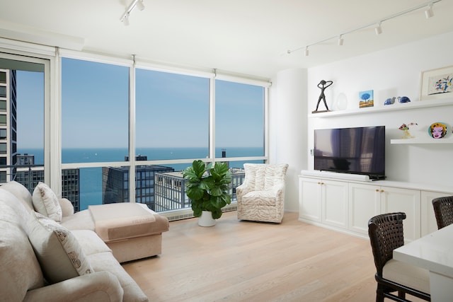 living room featuring light wood-type flooring, a water view, a wall of windows, and rail lighting