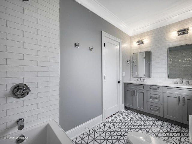 bathroom featuring ornamental molding, vanity, and a shower