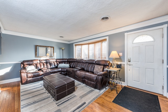 living room with a textured ceiling, light hardwood / wood-style flooring, and a healthy amount of sunlight