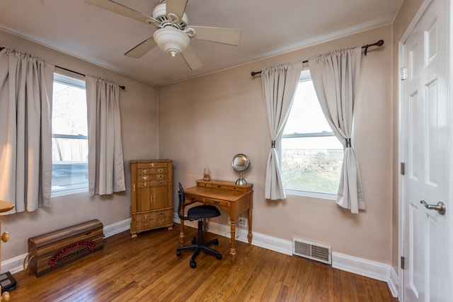 office space featuring ceiling fan and wood-type flooring