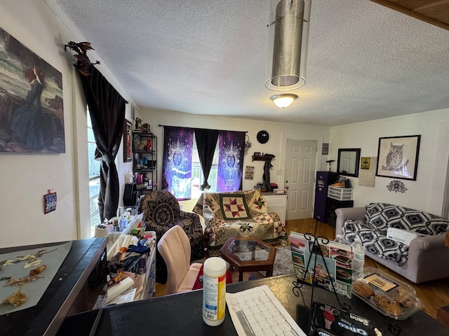 living room with a textured ceiling and wood-type flooring