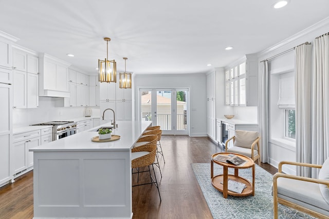 kitchen with white cabinetry, dark hardwood / wood-style floors, sink, and stainless steel range