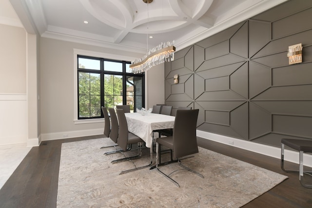 dining area featuring coffered ceiling, an inviting chandelier, dark hardwood / wood-style floors, and beam ceiling