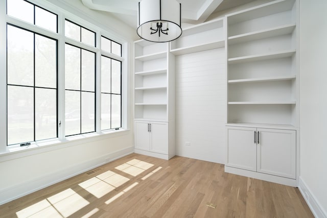 spacious closet featuring an inviting chandelier and light wood-type flooring