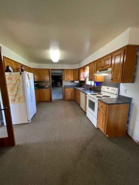 kitchen with sink, dark colored carpet, and white appliances