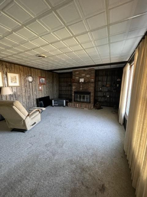 17580 1200 E St, Wyanet, IL 61379 - living area featuring carpet, a brick fireplace, and wooden walls