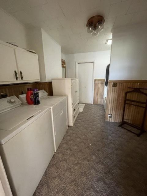 17580 1200 E St, Wyanet, IL 61379 - washroom featuring independent washer and dryer, cabinet space, a wainscoted wall, carpet floors, and wooden walls