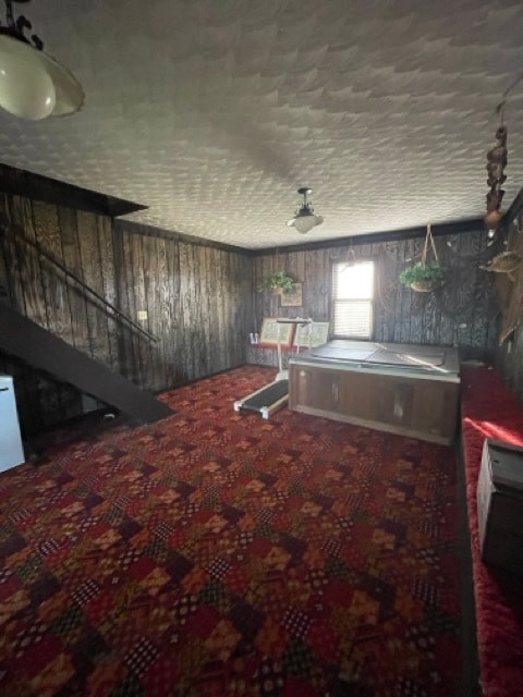 miscellaneous room with carpet and a textured ceiling