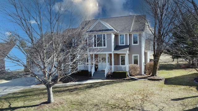 view of front facade featuring a porch, a shingled roof, and a front yard