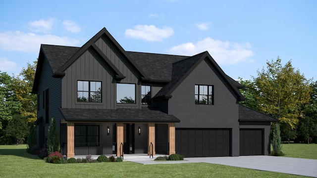 1519 77th St, Naperville, IL 60565 - modern inspired farmhouse with board and batten siding, a front lawn, covered porch, a shingled roof, and a garage