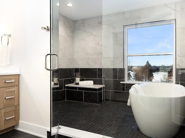 1519 77th St, Naperville, IL 60565 - full bath featuring a stall shower, a freestanding bath, baseboards, vanity, and recessed lighting