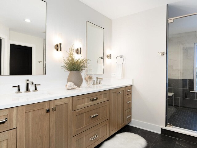 1519 77th St, Naperville, IL 60565 - bathroom with a shower stall, double vanity, baseboards, and marble finish floors