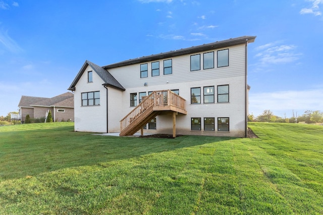 1519 77th St, Naperville, IL 60565 - back of property featuring a wooden deck, stairway, a yard, and brick siding