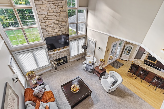 living room with hardwood / wood-style floors and a towering ceiling