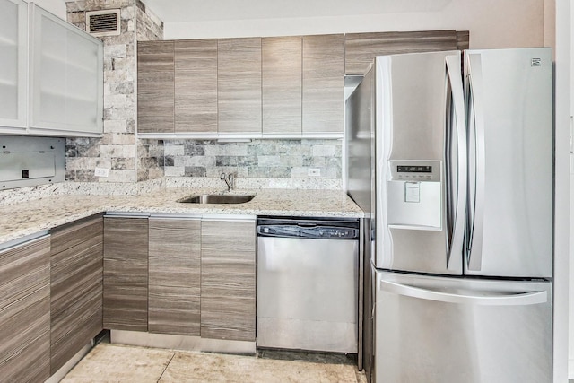 kitchen with sink, decorative backsplash, light stone counters, and appliances with stainless steel finishes