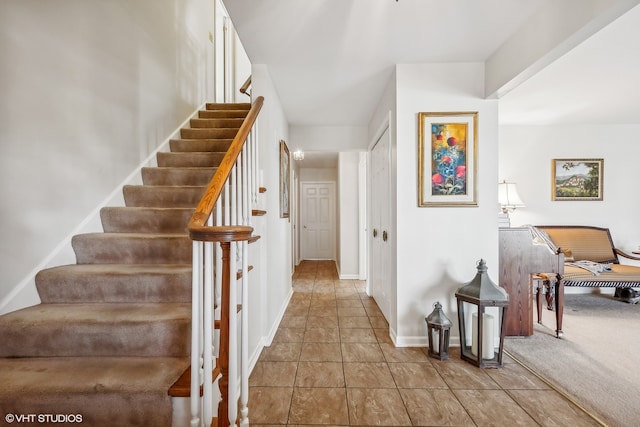 stairway featuring carpet floors