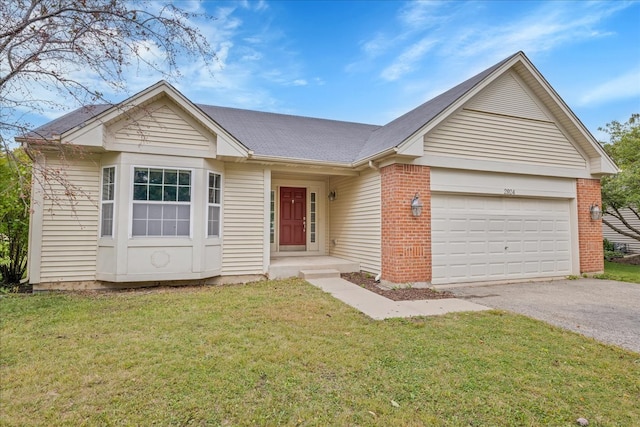 ranch-style house with a front yard and a garage