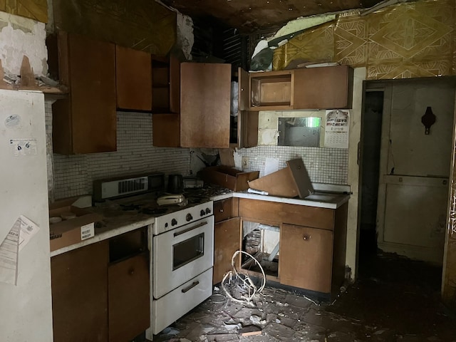 kitchen with white appliances and decorative backsplash