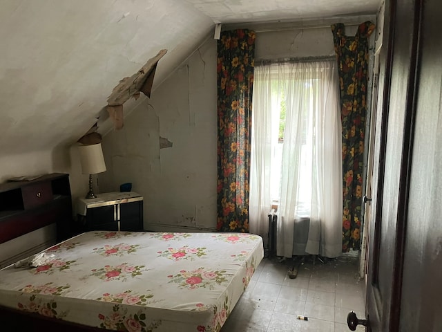 bedroom featuring lofted ceiling