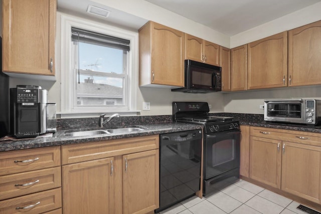 8122 W Oak Ave, Niles, IL 60714 - kitchen featuring black appliances, a sink, dark stone countertops, and light tile patterned floors