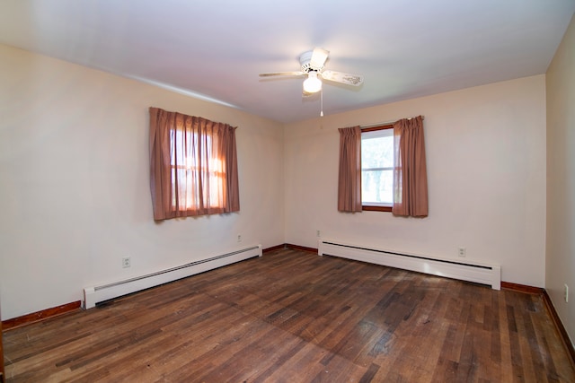 unfurnished room with a baseboard radiator, ceiling fan, and dark wood-type flooring