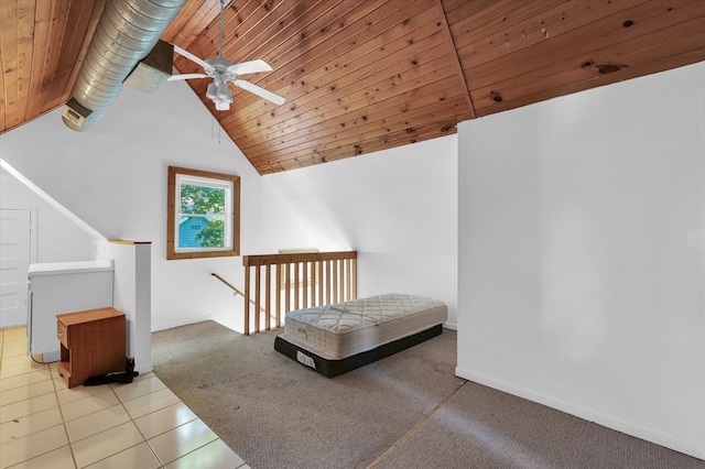 bonus room with lofted ceiling, ceiling fan, wooden ceiling, and light tile patterned floors