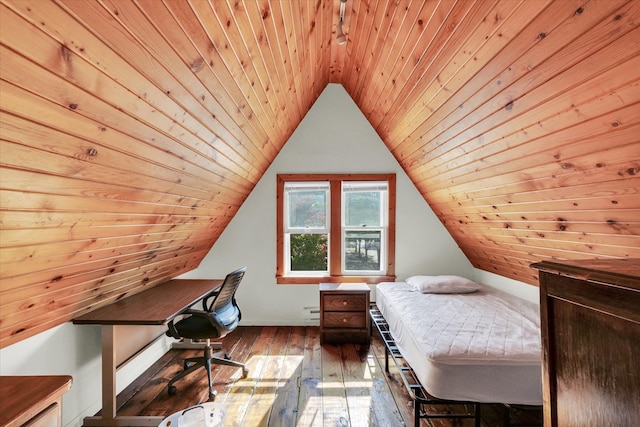 unfurnished bedroom with lofted ceiling, hardwood / wood-style floors, and wooden ceiling