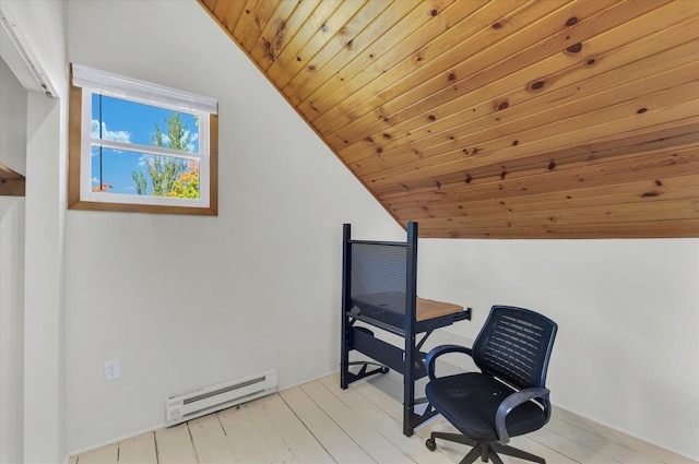 office area with light hardwood / wood-style flooring, vaulted ceiling, a baseboard heating unit, and wooden ceiling