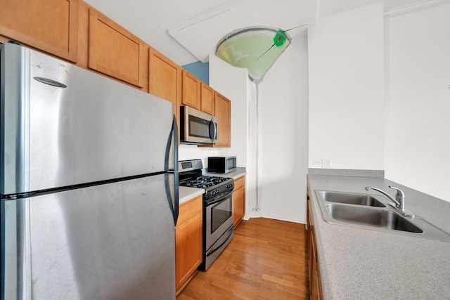 kitchen with stainless steel appliances, light wood-type flooring, and sink