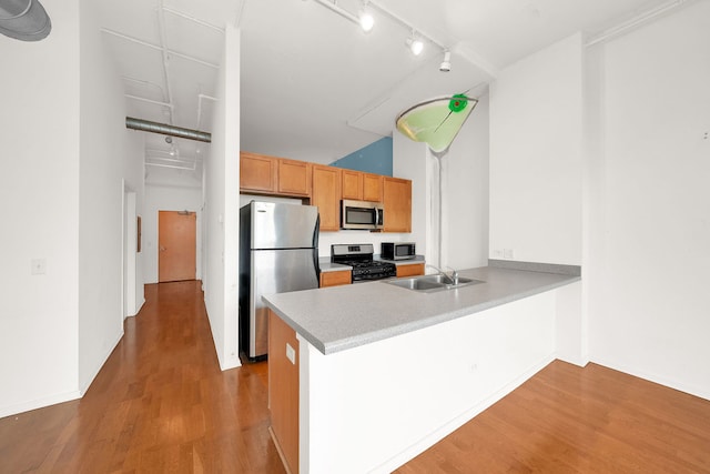 kitchen featuring kitchen peninsula, stainless steel appliances, light hardwood / wood-style flooring, track lighting, and sink