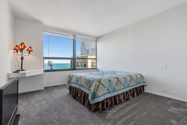 bedroom featuring dark colored carpet and a water view