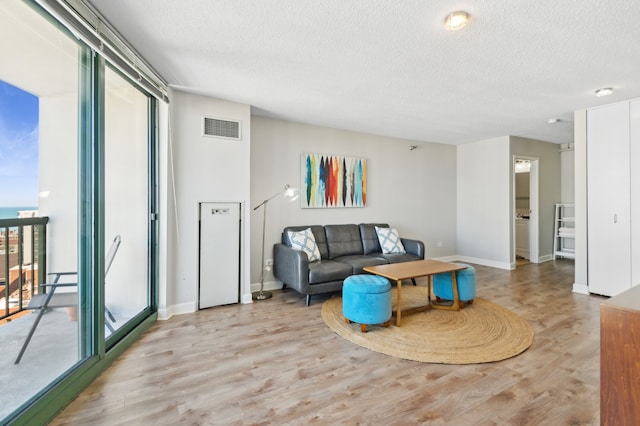 living room featuring light hardwood / wood-style flooring and a textured ceiling