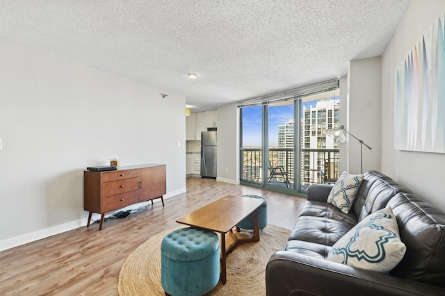 living room featuring light hardwood / wood-style flooring and a textured ceiling