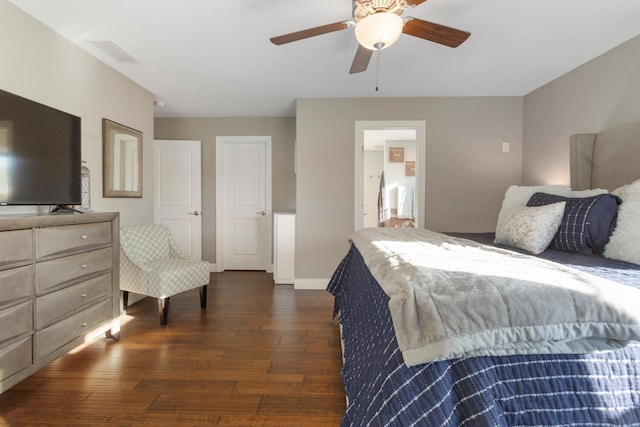 bedroom with ceiling fan and dark wood-type flooring