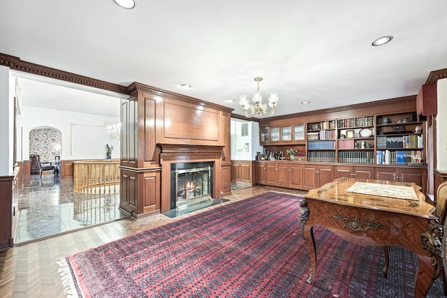 interior space featuring a notable chandelier and light parquet flooring