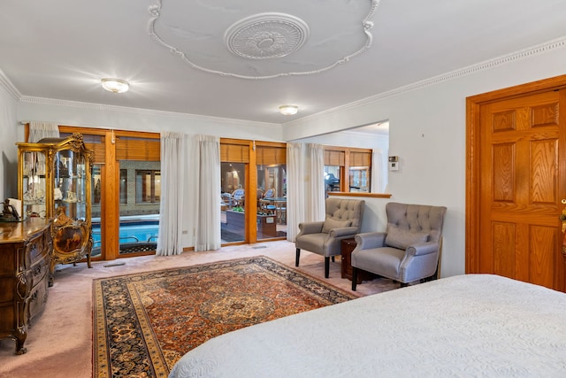 bedroom featuring light colored carpet, crown molding, and access to outside