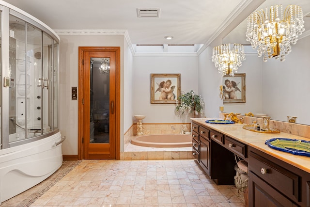 bathroom with shower with separate bathtub, vanity, a notable chandelier, and ornamental molding