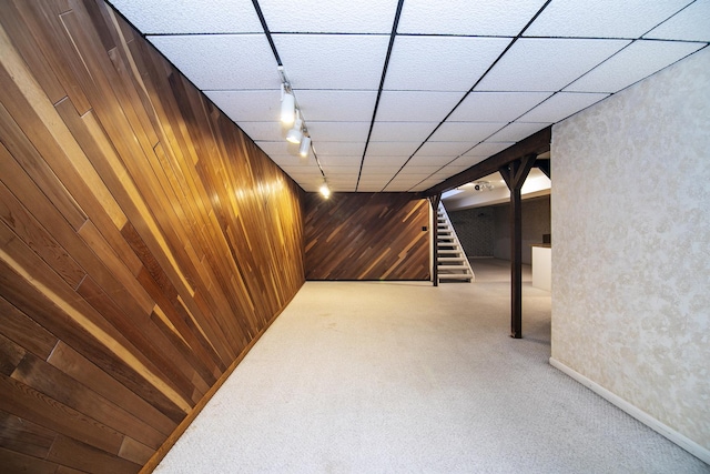 basement featuring wooden walls and carpet