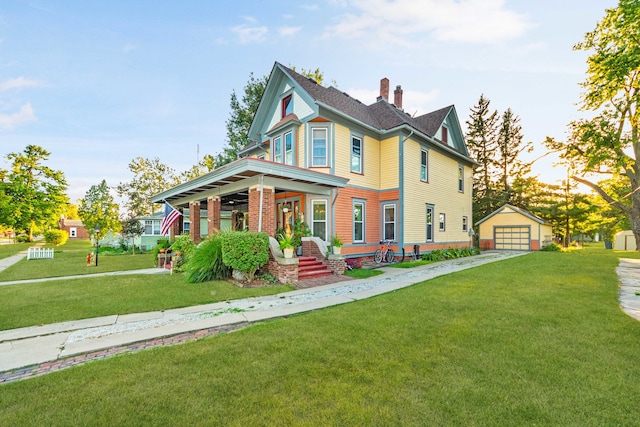 victorian house with a front yard, a garage, a porch, and an outdoor structure