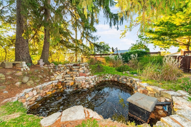 view of pool with a small pond