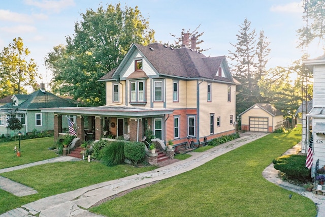 view of front of property featuring covered porch, an outdoor structure, a garage, and a front yard