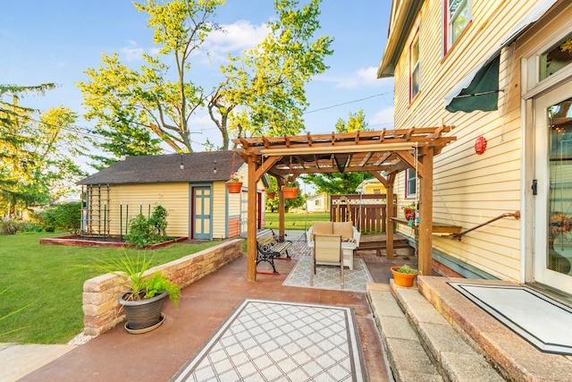 view of patio featuring an outdoor living space, an outbuilding, and a pergola