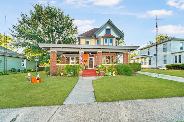 view of front facade with covered porch and a front lawn