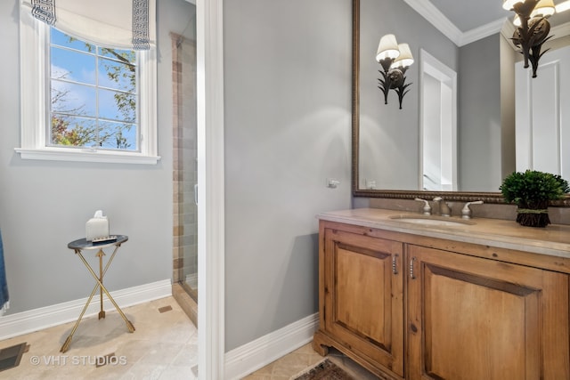 bathroom with a shower with door, vanity, ornamental molding, and tile patterned flooring